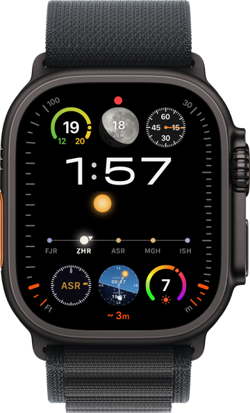 An Apple Watch face with SalahMotion complications: the prayer rail, the sun's path, sunrise and sunset, and the next prayer.